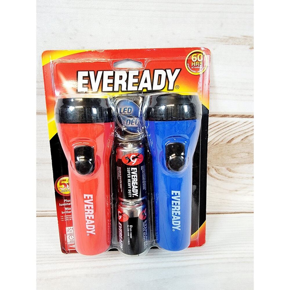Eveready LED 60 Hour Flashlight 2 Pack w/ 2 Batteries Red & Blue - NEW